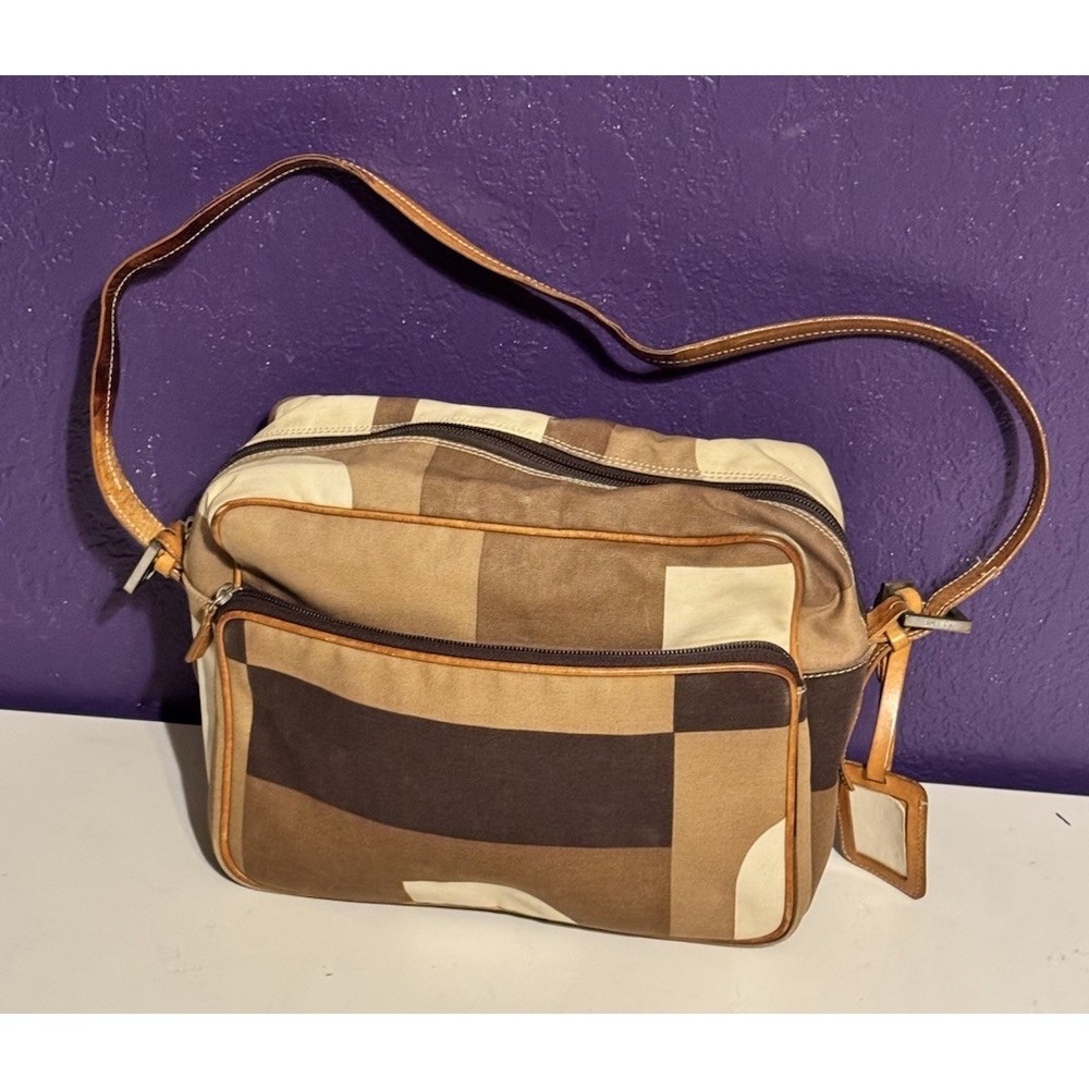 Bally Canvas Shoulder Bag Geometric Color Blocked Vintage Travel Leather Strap